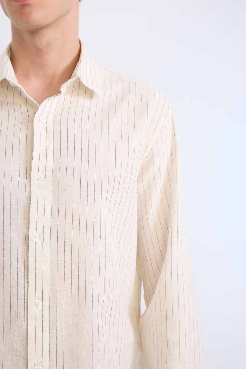 DeFacto Beige Man Regular Fit Polo Collar Striped Linen Long Sleeve Shirt Casual - Image 5
